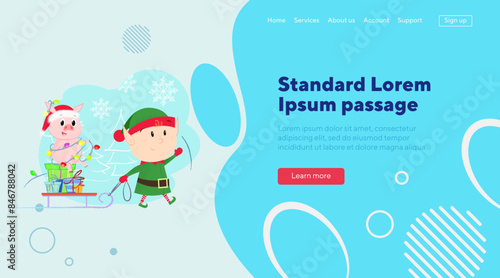 Christmas elf and pig with Santa sledge. Present, helper, animal. Symbol of year, celebration, winter concept for banner