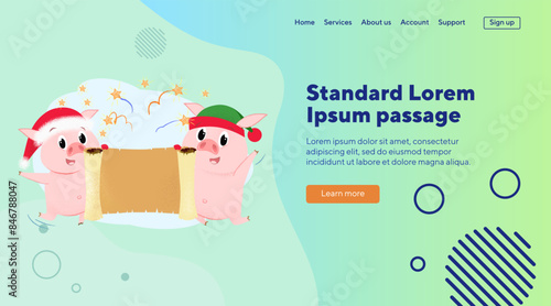 Cheerful New Year piglets showing scroll with copyspace. Christmas presentation concept. Vector illustration can be used for festive poster, banner, landing page or web design