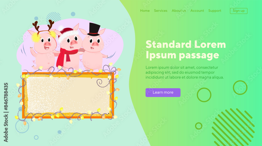 Company of Christmas pigs dancing on signboard with copy space. Christmas party concept. Vector illustration can be used for banner design, festive poster, landing page Company of Christmas pigs dancing on signboard with copy space. Christmas party concept. Vector illustration can be used for banner design, festive poster, landing page