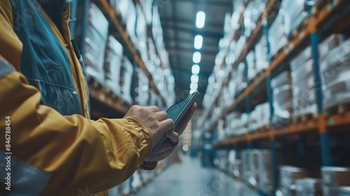 Modern Logistics Management: Professional Checking Inventory Levels with Tablet in Warehouse