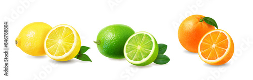 Fresh citrus fruits. Lime. lemon, orange realistic whole and halves icons. 3d isolated vector illustration
