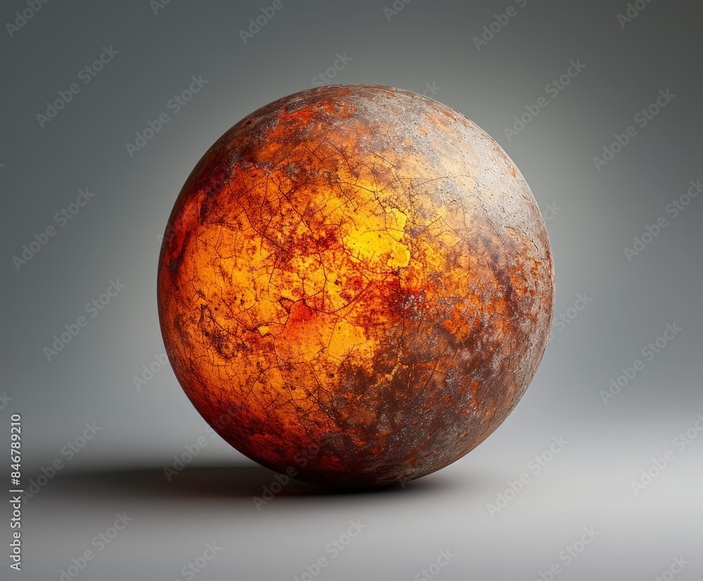 A rusty sphere rests on a gray surface A rusty sphere rests on a gray surface