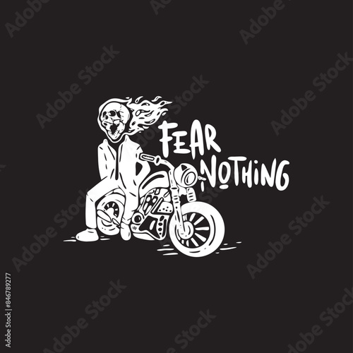 Fear Nothing Retro Skull Riding Bike Hand Drawn Vector Design