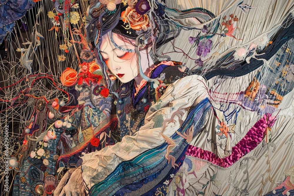 Fototapeta premium An intricate, close-up photo of a tapestry woven with flowers and a female figure. Generative AI