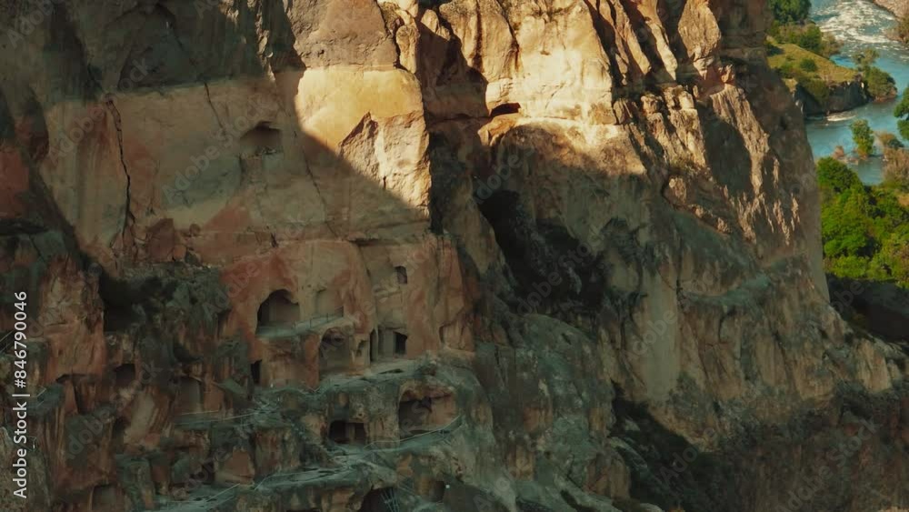 Aerial view of Cave City In Rugged Landscape At Vardzia In Southern Georgia. Aerial view of Cave City In Rugged Landscape At Vardzia In Southern Georgia.