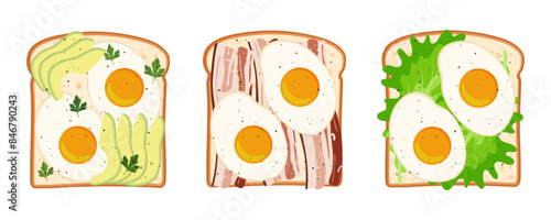 Set of toasts with avocado, bacon and eggs