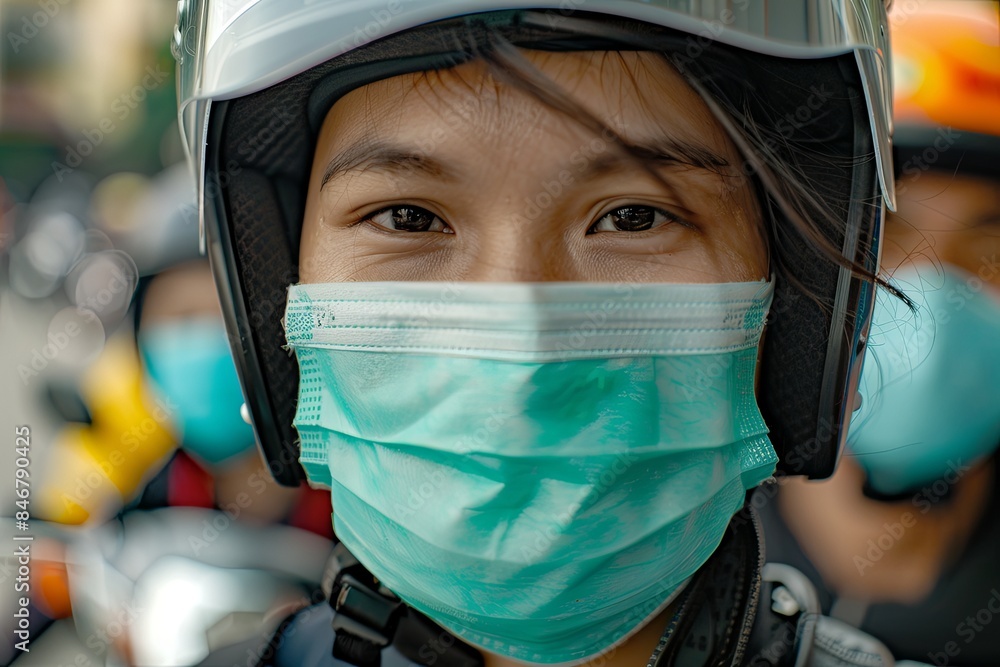 A close-up portrait of a Vietnamese woman wearing a face mask on a motorbike. Generative AI A close-up portrait of a Vietnamese woman wearing a face mask on a motorbike. Generative AI