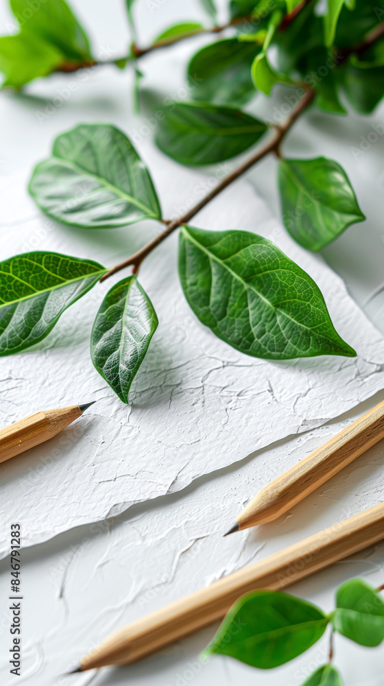 Wooden pencils and green leaves on textured white paper background. Back to School. Wooden pencils and green leaves on textured white paper background. Back to School.