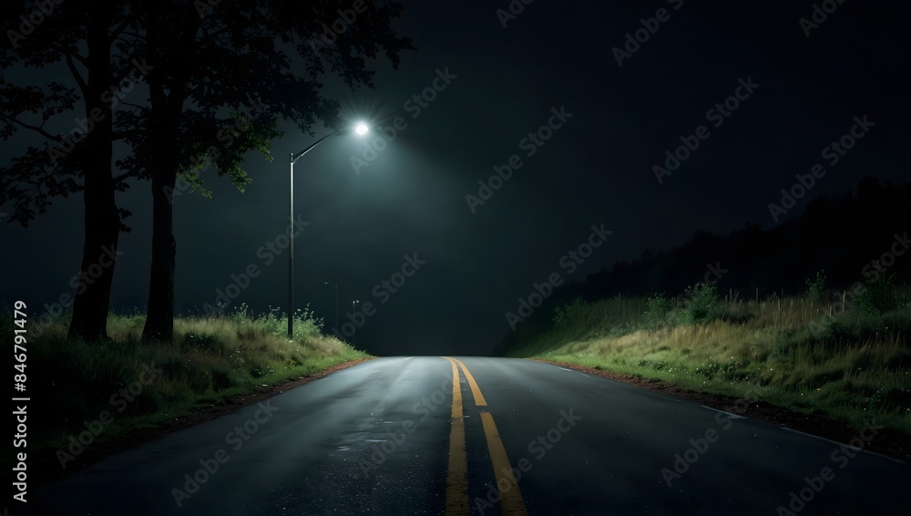 Naklejka premium The dimly-lit road stretches ahead, each step echoing with a sense of foreboding ai_generated