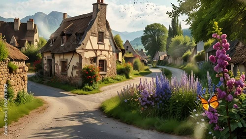 atmosphere of the beauty of a beautiful old village with a mountain background, 4K seamless looping virtual video animation background photo