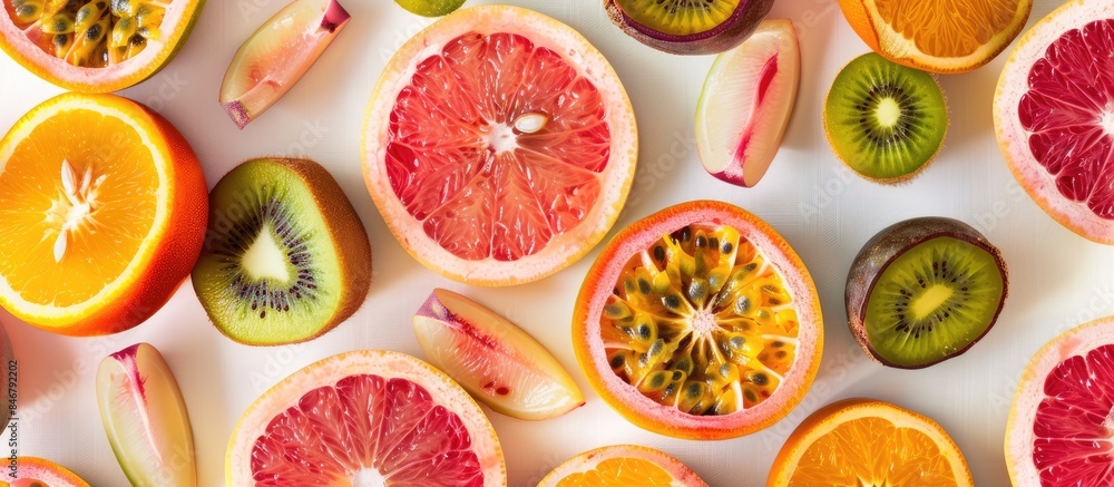 Slices of vibrant grapefruit, kiwi, passion fruit, orange, and plum soaring across a white backdrop. Slices of vibrant grapefruit, kiwi, passion fruit, orange, and plum soaring across a white backdrop.
