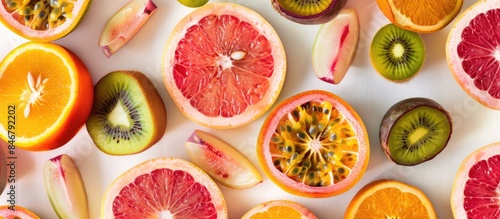 Slices of vibrant grapefruit, kiwi, passion fruit, orange, and plum soaring across a white backdrop.