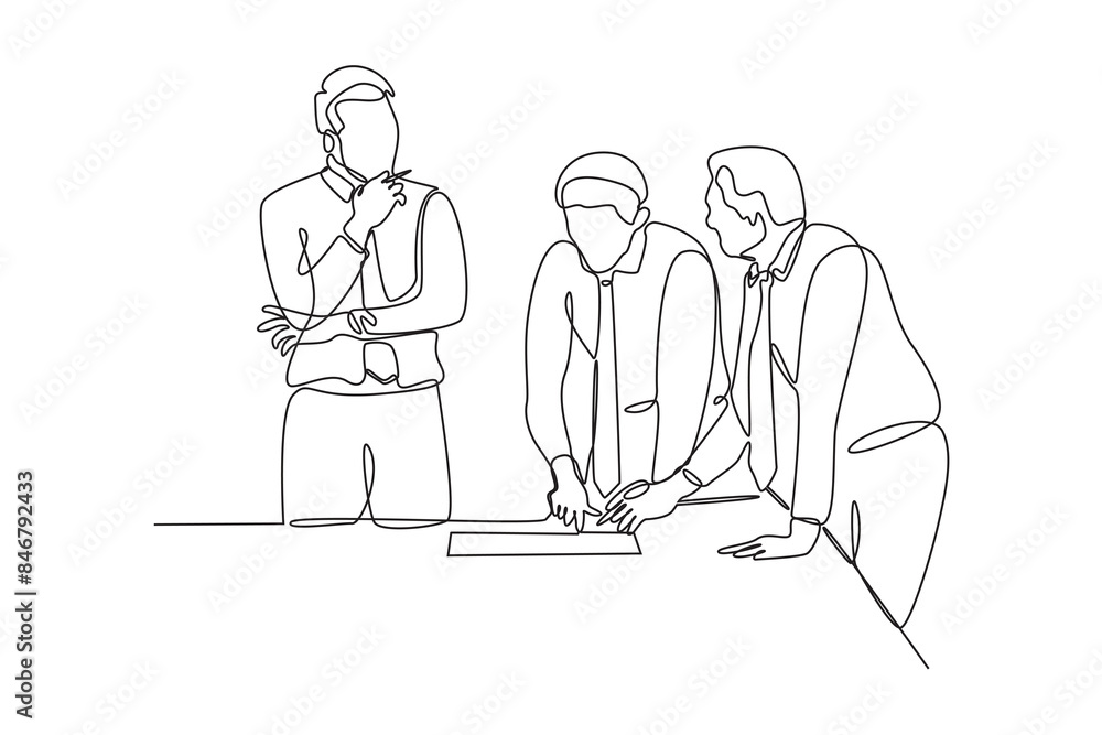 Simple continuous line drawing of three people are discussing for a project. Work minimalist concept. Work environment activity. Work analysis icon. Simple continuous line drawing of three people are discussing for a project. Work minimalist concept. Work environment activity. Work analysis icon.