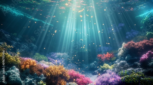 Vibrant coral reef with diverse marine life and sunlight rays underwater. © kept
