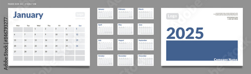 Set of 2025 Calendar Planner Template Pages Monthly, Cover with Place for Photo and Company Logo. Vector layout of a wall or desk calendar with week start Monday for printing. Page size A4-21x29.7cm