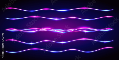 Abstract Colorful Wavy Neon Linear Decor Items in Retro Wave Style. Vector clip art for your night party design.