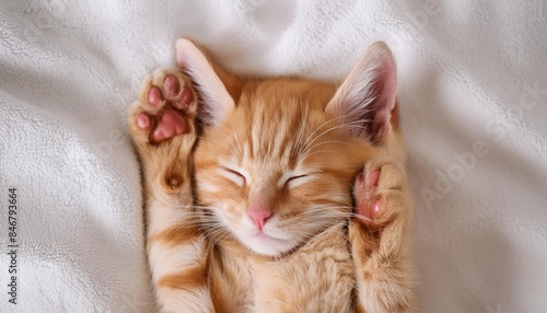 Adorable Ginger Kitten on White Bed - Top View, Paws Up