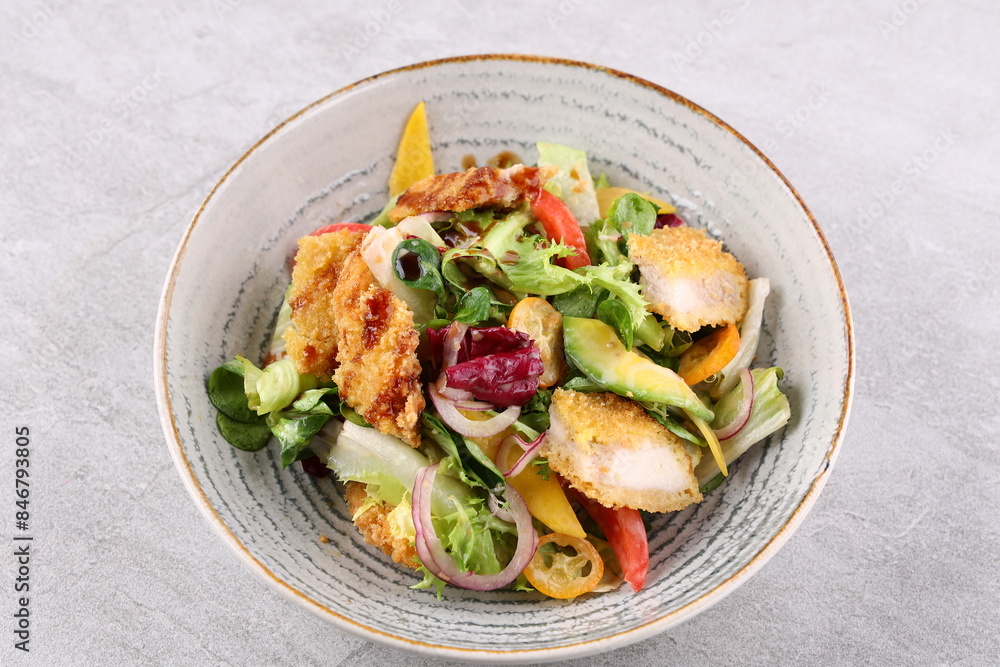 Salad with shrimps in panko breadcrumbs, top selling for restaurant and food delivery Salad with shrimps in panko breadcrumbs, top selling for restaurant and food delivery