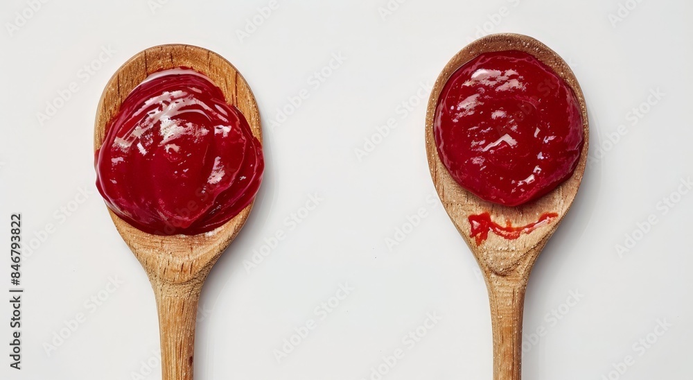 Two Wooden Spoons with Red Jelly in a Plain White Background Two Wooden Spoons with Red Jelly in a Plain White Background