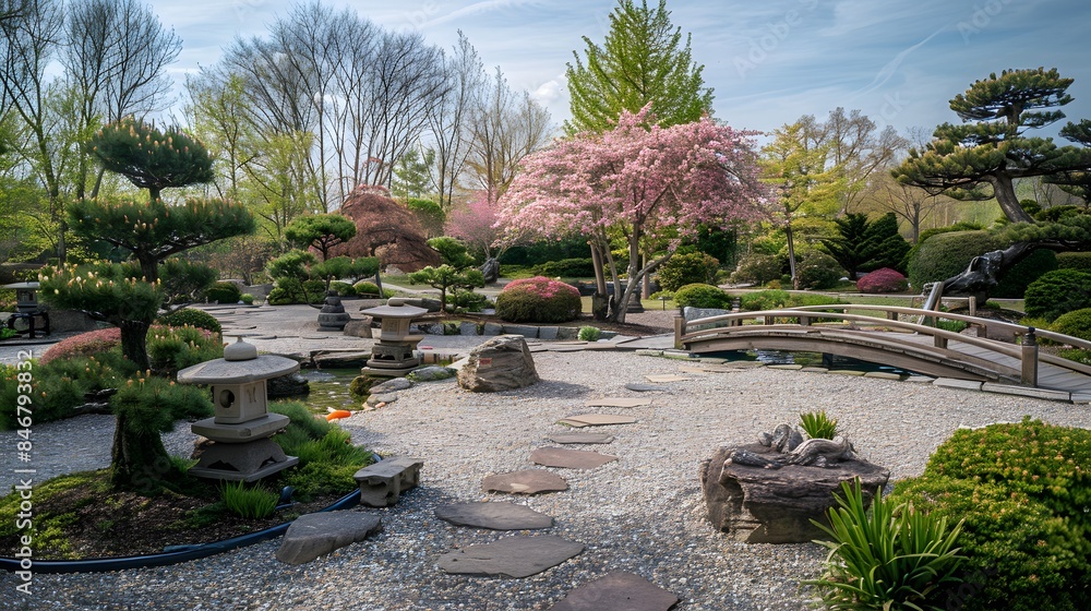 Serene Japanese Garden with Blooming Tree Serene Japanese Garden with Blooming Tree
