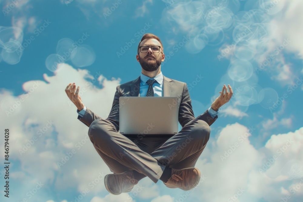 Business guru or expertise, professional advisor or consultant, smart thinking to solve problem concept, genius businessman sitting meditate working with computer laptop floating in the air Business guru or expertise, professional advisor or consultant, smart thinking to solve problem concept, genius businessman sitting meditate working with computer laptop floating in the air