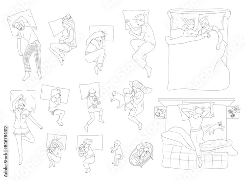 People sleeping in difference poses. flat style illustration vector design. Woman man children sleep position in bed, person posture top view, girl lying side hug pillow, body fetal pose, night dream