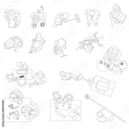 Architectural top view people doing different jobs, plant gardening, waitress, nurse, doctor, cleaning staff, runner, architect. Diverse Occupations for landscape design and architectural design jobs