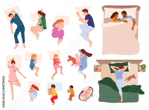 People sleeping in difference poses. flat style illustration vector design. Woman man children sleep position in bed, person posture top view, girl lying side hug pillow, body fetal pose, night dream