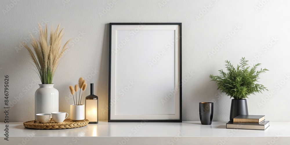 Mockup of an empty frame on the wall in the living room. AI generated Mockup of an empty frame on the wall in the living room. AI generated