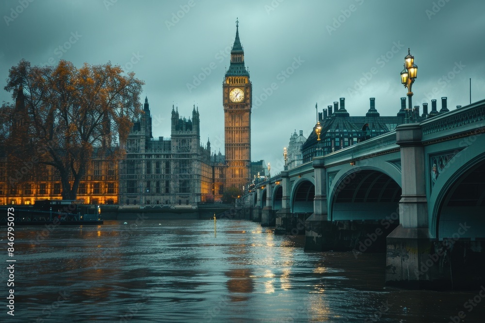 Naklejka premium A man walks down a street in London at night