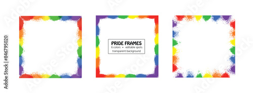 Three different hand drawn powder explosion rainbow pride frames on transparent background