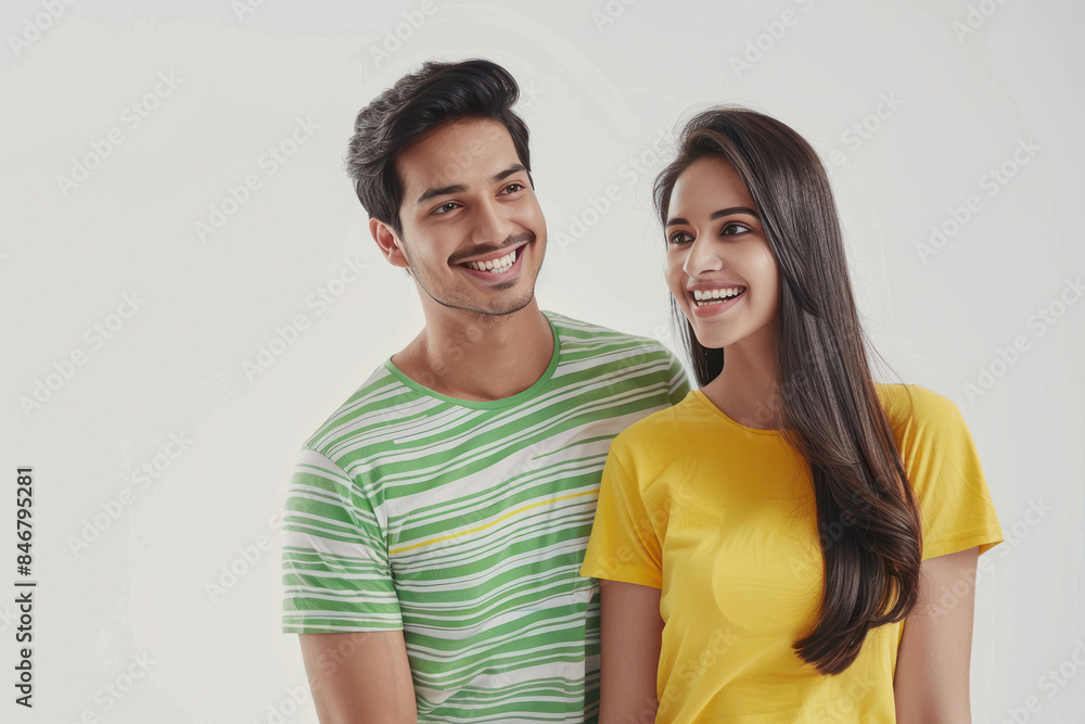 Naklejka premium young happy indian couple standing on white background