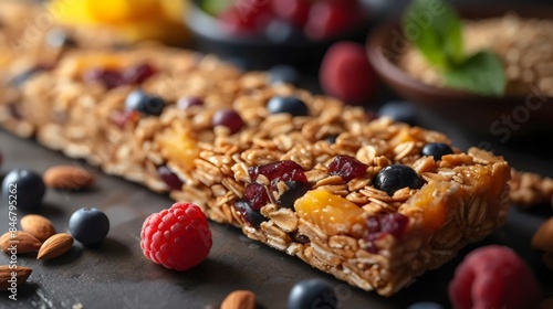 A bar of granola with blueberries and raspberries on top