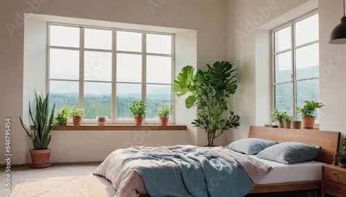 a bedroom with a bed, nightstands, and a plant in the corner of the room on the right side of the bed is a window and a plant on the right side of the bed.