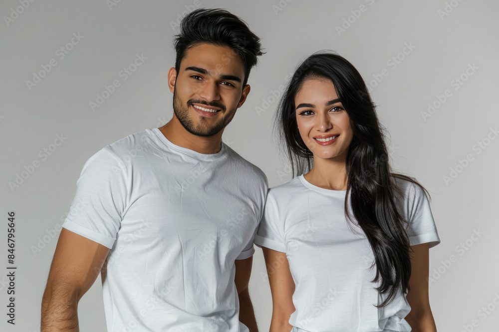 young happy indian couple standing on white background young happy indian couple standing on white background