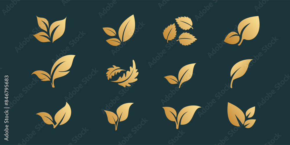 Mega logo collection, leaf design concept for branding with golden gradient. Mega logo collection, leaf design concept for branding with golden gradient.