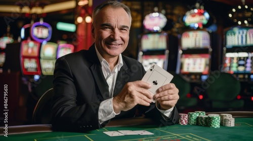 The man holding poker cards