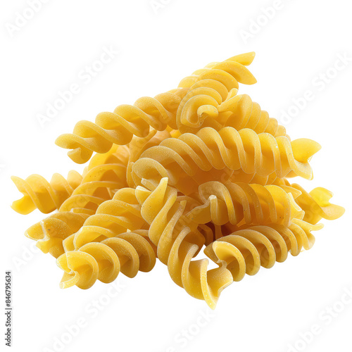 Close-up of a pile of dry, uncooked, corkscrew shaped pasta isolated on a transparent background. photo