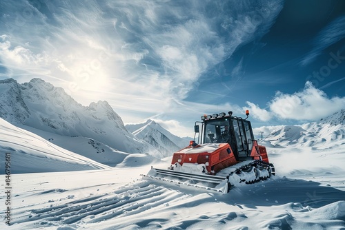 A red snowcat plows snow on a ski slope in a mountainous region. Generative AI © Azhorov