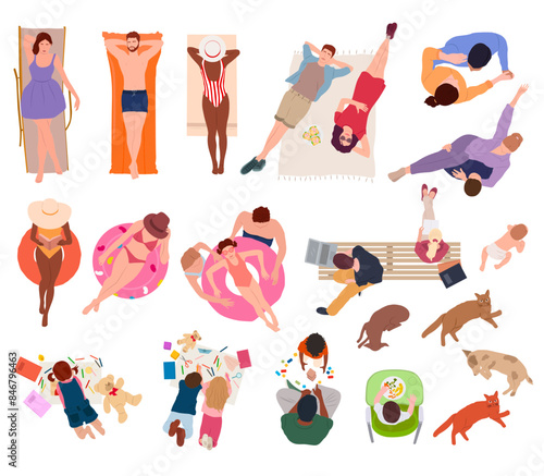 Overhead View Vector Illustrations - silhouette aerial map Kids Playing, Sunbathing, Dancing, people top view, dancing, cats, dogs top view vector illustration
