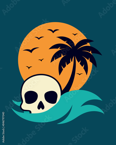 A skull is set against a backdrop of what appears to be a setting sun with palm trees and flying birds