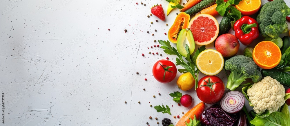 Assortment of fruits and vegetables arranged on a white background from above, creating a vibrant and enticing display. Emphasizing the importance of a healthy diet and serving as a fresh Assortment of fruits and vegetables arranged on a white background from above, creating a vibrant and enticing display. Emphasizing the importance of a healthy diet and serving as a fresh