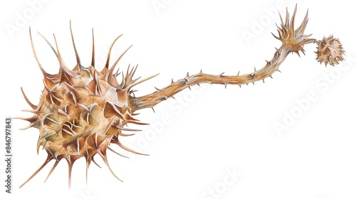 Close-up of a dried spiky plant seed pod with a white background, capturing its unique texture and form.