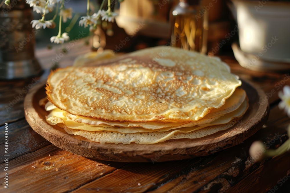 A stack of freshly made pancakes on a wooden plate, perfect for a cozy breakfast setting. Flowers and sunlight enhance the warm ambiance. A stack of freshly made pancakes on a wooden plate, perfect for a cozy breakfast setting. Flowers and sunlight enhance the warm ambiance.