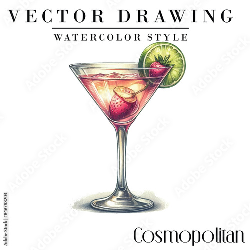 Cosmopolitan alcoholic cocktail vector vintage watercolor style