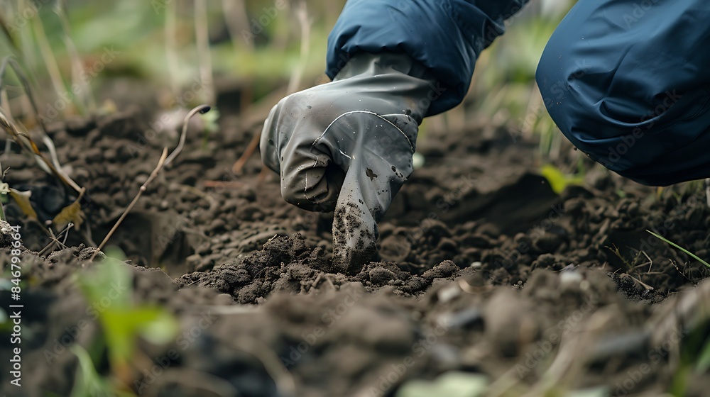 Close-up of a gloved hand digging in the soil, illustrating gardening and planting activities in a natural setting. Close-up of a gloved hand digging in the soil, illustrating gardening and planting activities in a natural setting.
