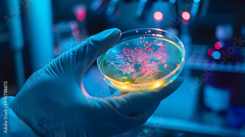 Close-up of a gloved hand holding a petri dish with bacterial culture in a lab environment under blue and red lighting, highlighting scientific research. photo