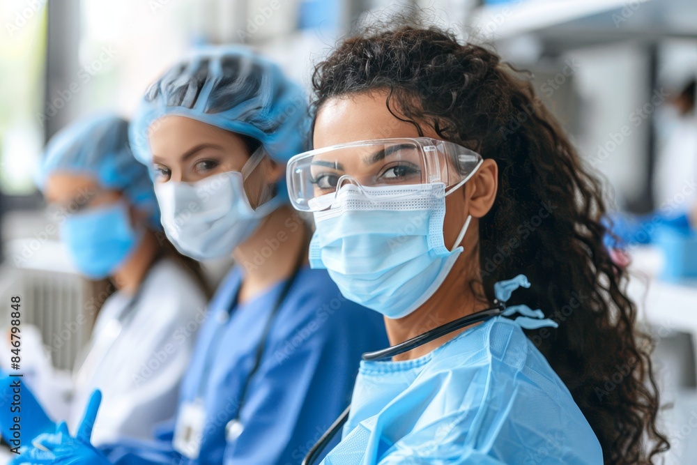 Diverse medical team in masks collaborating in busy hospital, showing teamwork and dedication Diverse medical team in masks collaborating in busy hospital, showing teamwork and dedication