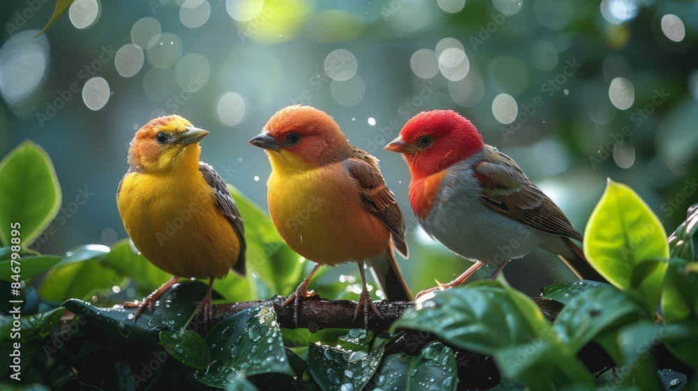 Diverse species of colorful birds chirping melodiously amidst the dense foliage of the Complete rainforest. Diverse species of colorful birds chirping melodiously amidst the dense foliage of the Complete rainforest.
