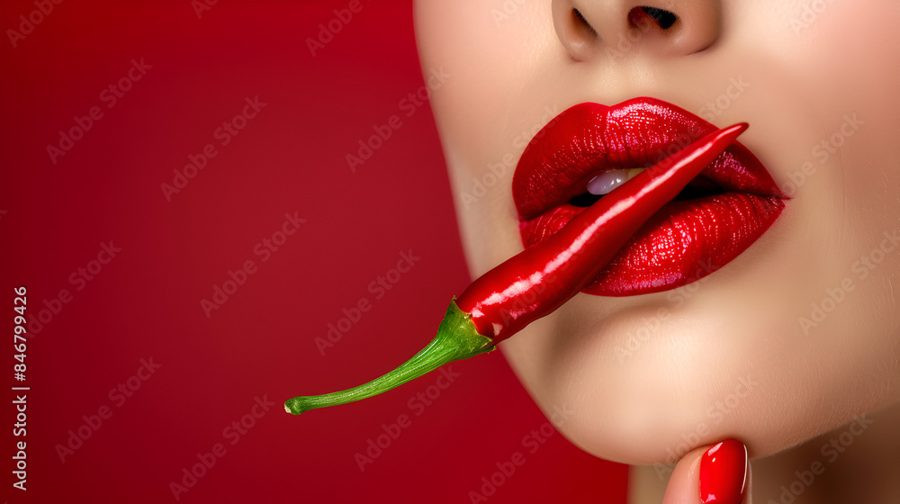 Obraz premium Red woman lips holding hot chili peppe copy space ai generative